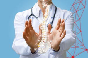 Orthopedic spine surgeon in white coat holding spine model