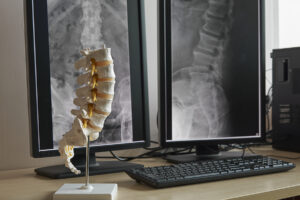 Lumbar spine model on table with display monitor of lumbar spine X-rays